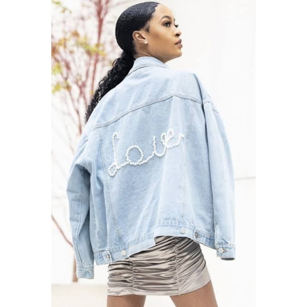 POL Denim Jacket Womens Medium Light Blue Excellent Pearl Love Embellished TWJ19